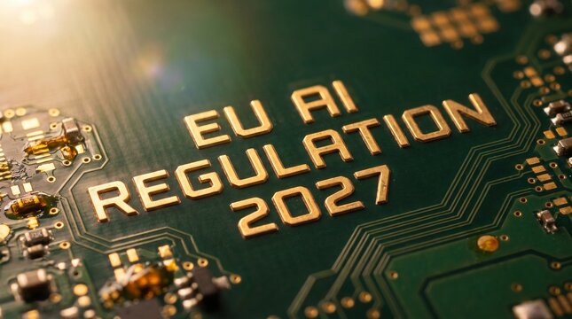 Concept of EU AI Regulation 2027 Laws Integrated into a Digital Printed Circuit Board