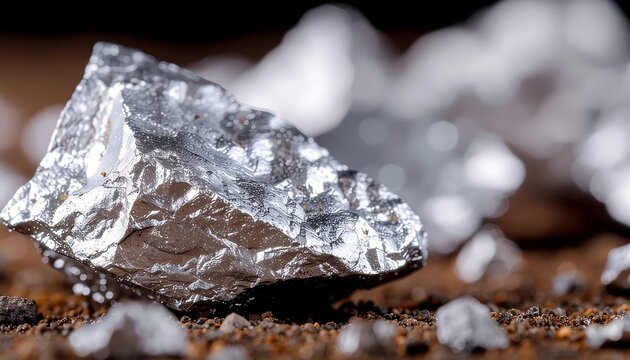Raw Silver Ore Nuggets Scattered on Dark Mining Soil