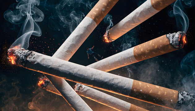 Giant burning cigarettes over falling person. Tobacco addiction and mental health crisis. Small man tumbling down between smoking cigarette butts
