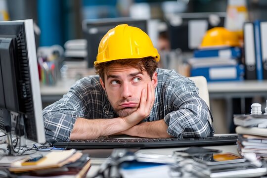 Tired Engineer in Yellow Hard Hat Resting at His Desk During a Stressful Workday