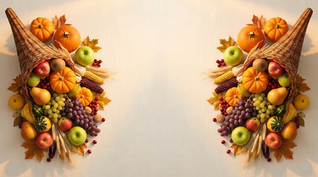 Abundant harvest cornucopia overflowing with fresh fruits and vegetables still life