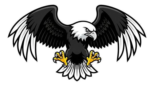 A fierce bald eagle swoops down with outstretched wings and sharp talons ready for a hunt.
