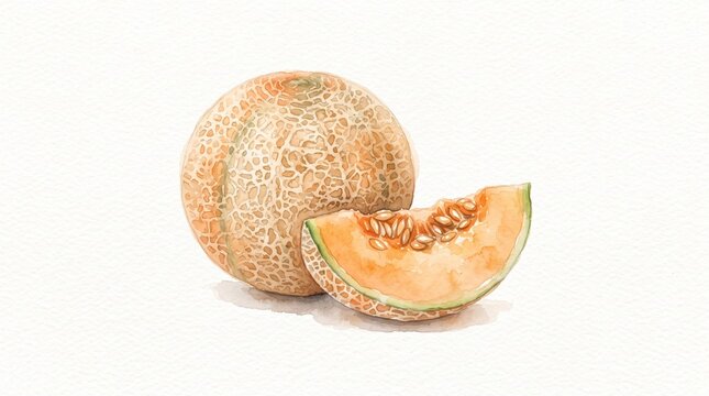Watercolor fresh cantaloupe melon with a slice