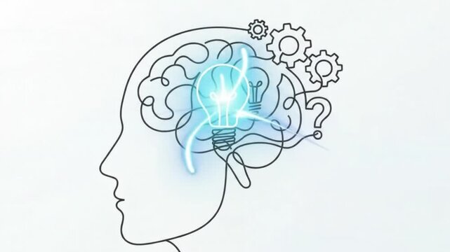 Head and brain. Thought, phylosophy, think, idea, creative, knowledge. Thinking concept. One line drawing animation. Motion design. Animated technology logo. Viabstract human head with blue background