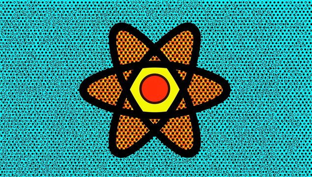 Bright Atom Illustration with Black Outline on Psychedelic Blue Background