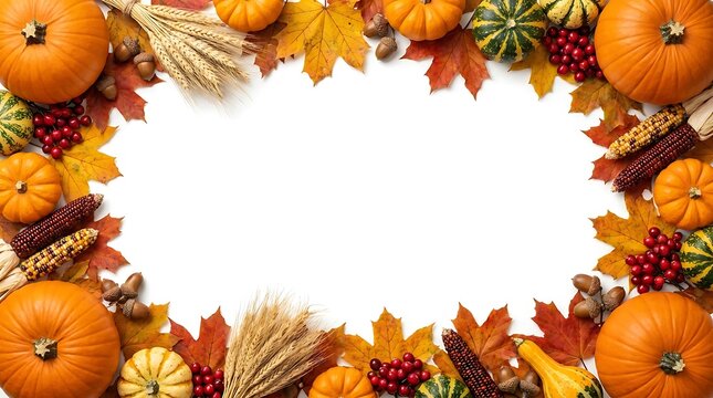 Autumn harvest border featuring pumpkins leaves and berries with blank space