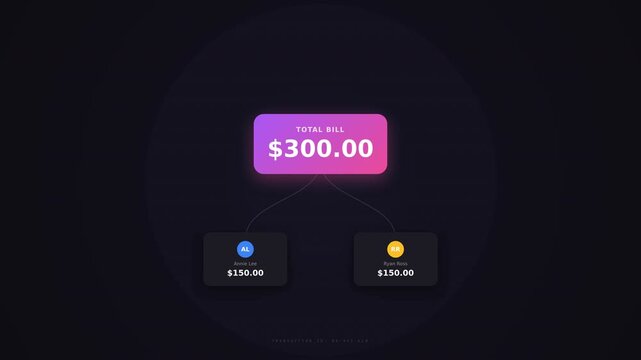 Sleek digital interface with a glowing neon income tracker flowchart showing split bill payments on a dark background, concept for personal finance management and fintech apps.