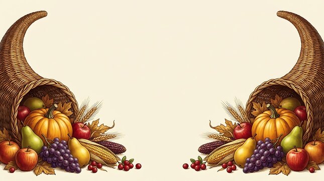 Abundant cornucopias overflowing with autumn harvest fruits and vegetables border