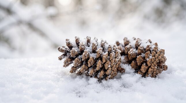 Two pine cones covered in fresh white snow resting on a snowy ground in a winter forest