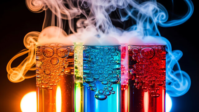 Glass test tubes containing colorful liquid with smoking chemical reaction.