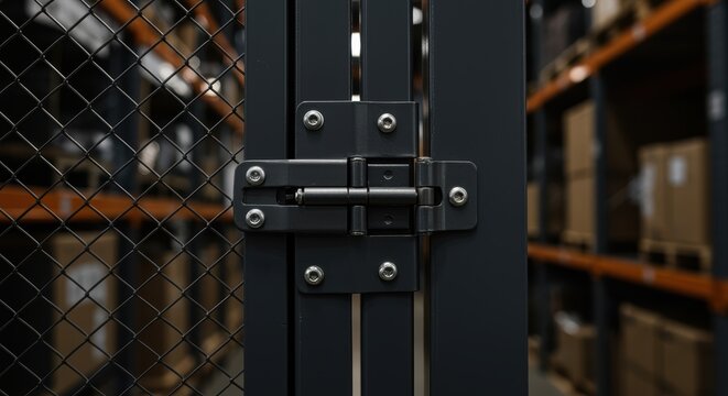 Metal gate secured with latch inside warehouse aisle filled with cardboard boxes