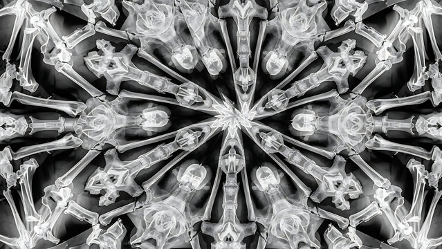 Monochromatic bone structure pattern forming radial symmetrical mandala art.
