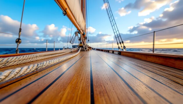 Classic Wooden Sailing Boat Deck at Sunset