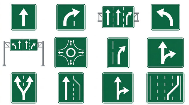 Elegant Collection of Green and White Road Traffic Direction Signs for Navigation and Safety Guidance
