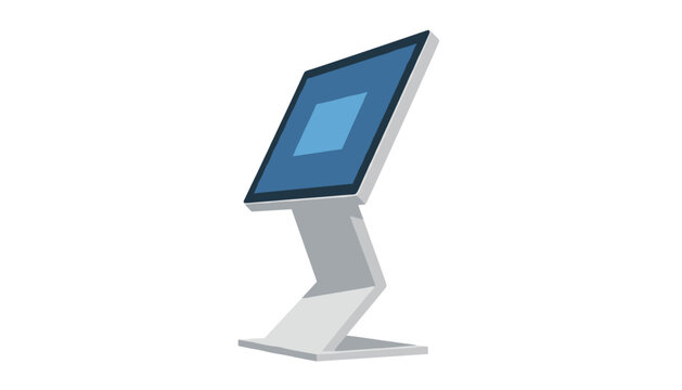 Modern digital interactive touchscreen information kiosk stand in grey and blue colors on a white background.