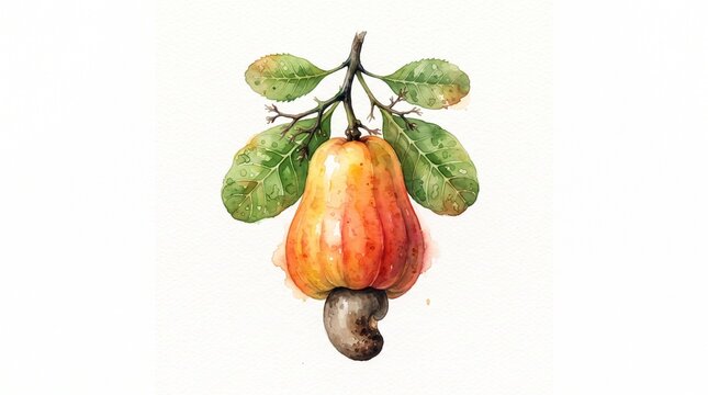 Watercolor cashew fruit with nut and green leaves on white background