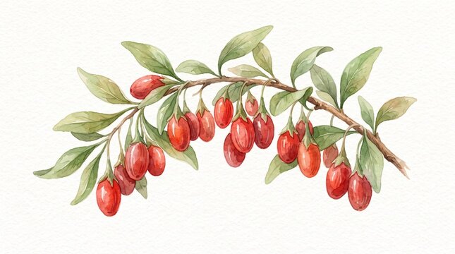 Watercolor goji berry branch with ripe red berries