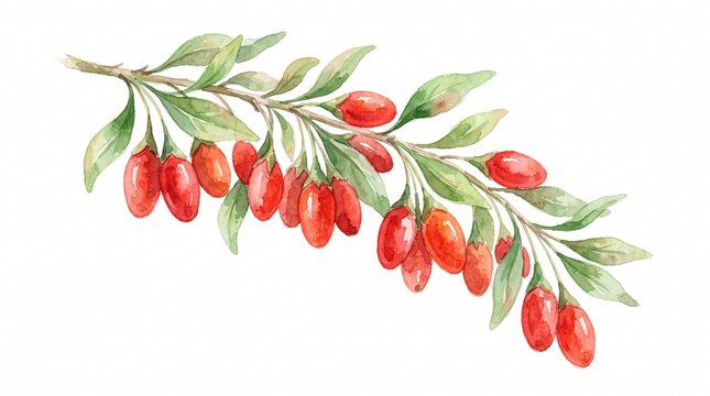 Watercolor goji berry branch with red berries