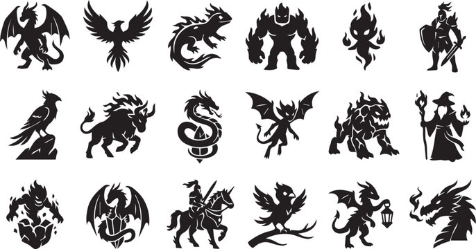 Fantasy Creature Silhouette Collection Featuring Dragons, Griffins, Phoenixes, Knights, Monsters, Wizards, Warriors, Mythical Beasts, Medieval Characters and Legendary Figures