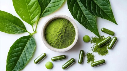 Obraz premium The versatility of kratom in both leaf and capsule form for wellness.