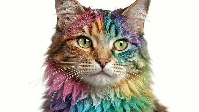Rainbow colored cat portrait on white background, vibrant multi colored feline fur, psychedelic domestic cat headshot, colorful pet art concept