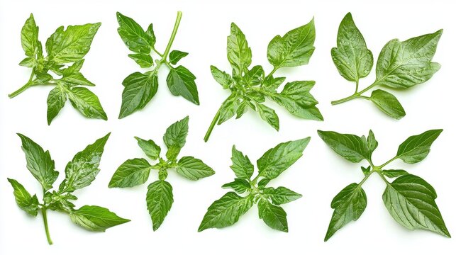 A diverse set of fresh tomato leaves arranged for visual appeal.