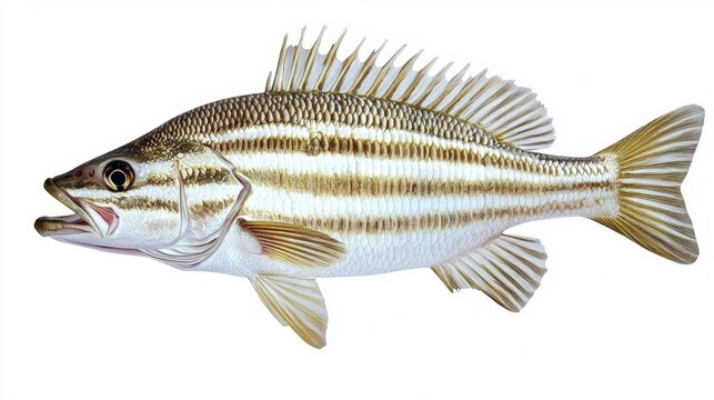 Fresh white striped bass fish displayed on a clean white background.