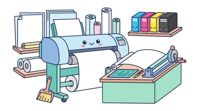 Kawaii large format printer character in professional shop.