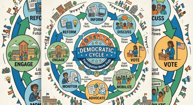 The Democratic Participation Cycle: Inform, Discuss, Vote, Mobilize, Advocate, Monitor, Reform, Engage