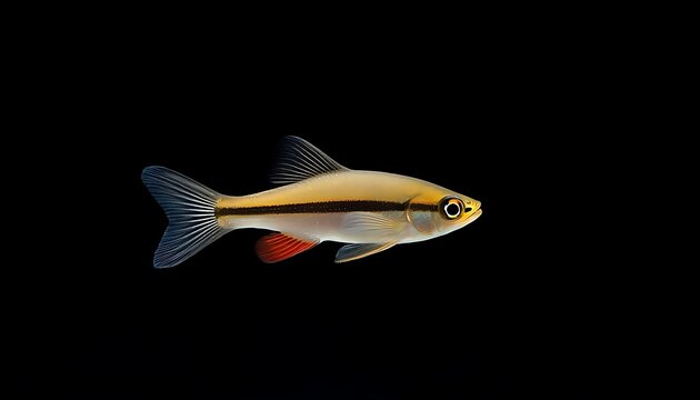 Small tropical rasbora fish swimming isolated on black background