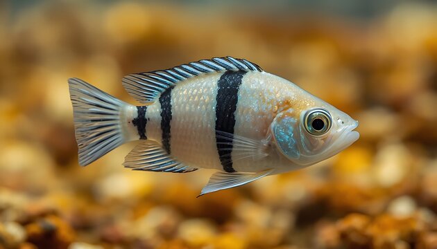 Small striped cichlid fish swimming in a freshwater aquarium