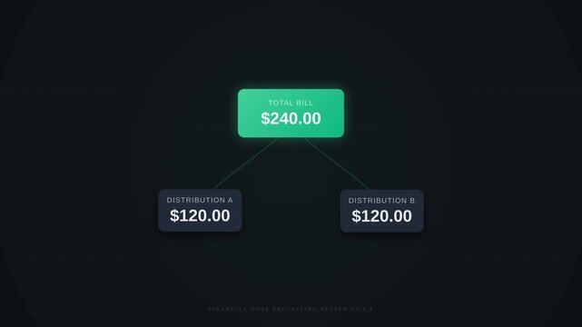 Modern digital interface with a green total bill box splitting into two equal distribution nodes, concept for an income tracker and budget management in financial planning applications.