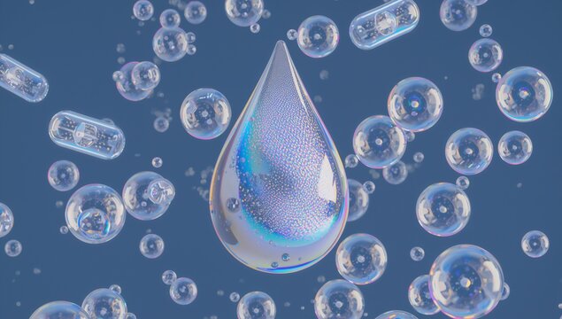 Close-up of a water droplet among tiny bubbles against blue background