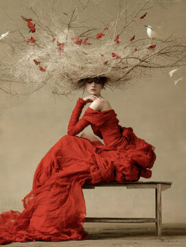 Surreal fashion portrait of a woman in a flowing red gown beneath an enormous nestlike branch headpiece surrounded by red and white birds.