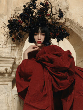 Dramatic fashion portrait of a woman with a sleek black bob, deep red sculptural gown and elaborate headpiece of dark berries and branches.