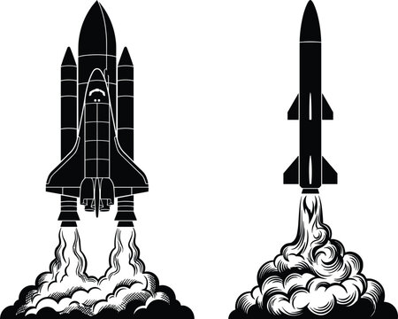 Space shuttle and military missile launching with smoke clouds black silhouette vector icon set isolated on white background