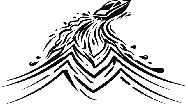 Stylized Speedboat Cutting Through Waves Vector Graphic - Minimalist Black and White Marine Illustration for Nautical Branding and Sports Logo Design