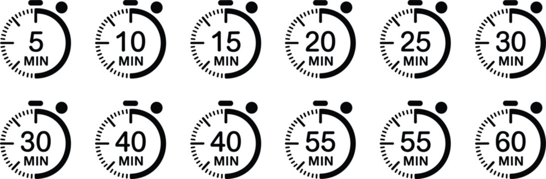 Black countdown timer stopwatch icon collection displaying minutes from five to sixty isolated on white background