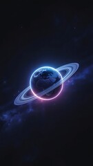 Fototapeta premium Glowing neon planet with planetary rings in deep cosmos vertical background, sci-fi ringed saturn mobile wallpaper with starry galaxy nebula, futuristic astronomy outer space backdrop banner