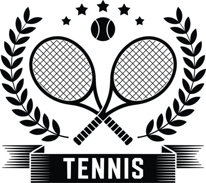 Tennis club emblem vector featuring crossed rackets ball stars and laurel wreath isolated on white background