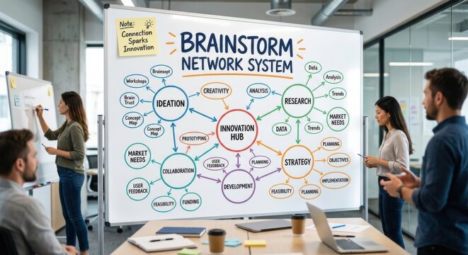 Brainstorm Network System Diagram on Whiteboard for Innovation and Collaboration