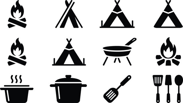 Outdoor camping and bonfire silhouette icon collection set with tent campfire kitchen pan cooking gear vector