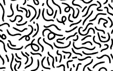 Fototapeta premium Grunge halved black circles vector seamless pattern. Hand drawn round brush strokes ornament. Repeating geometric tiles. Abstract geometric background in memphis style. Black and white rounded shapes.