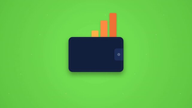 Minimalist digital wallet with rising orange bar chart on a vibrant green background, concept for income tracker, financial planning, and personal savings growth applications.