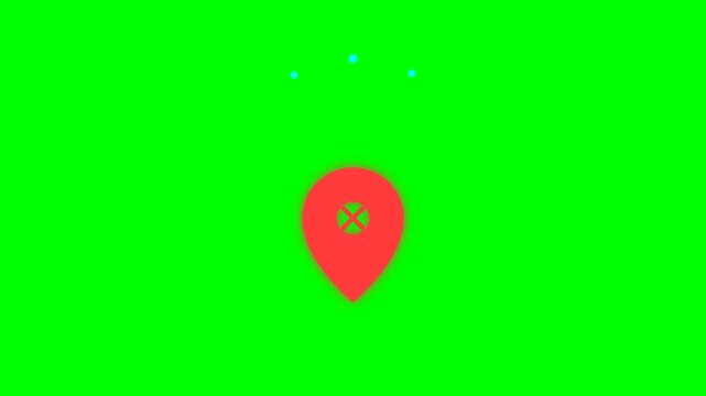 Minimal GPS location error animation featuring a location pin, interrupted satellite signal, blinking red warning symbol, and connection recovery on a solid green screen background