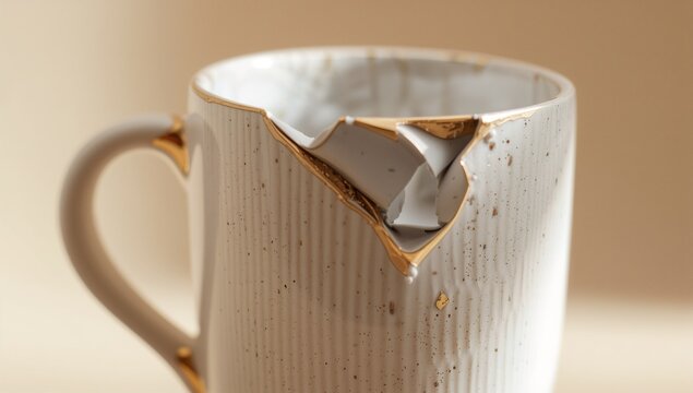 Close-up of a broken white ceramic coffee mug with gold accents and cracked appearance