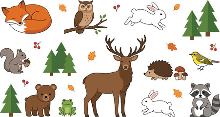 Fototapeta premium Flat Minimalist Forest Woodland Animal Vector Illustration Clipart Set with Pine Trees and Autumn Leaves for Children Sticker Projects
