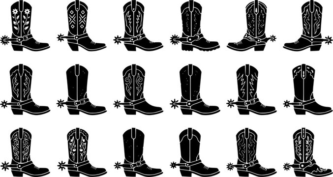 Cowboy Boot & Spur Icon Silhouette Icon Set. Collection of vintage & decorative silhouettes, including cowboy boot & spur icon, detailed western and rustic shapes, and more.