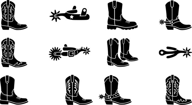 Cowboy Boot & Spur Icon Silhouette Icon Set. Collection of vintage & decorative silhouettes, including cowboy boot & spur icon, detailed western and rustic shapes, and more.