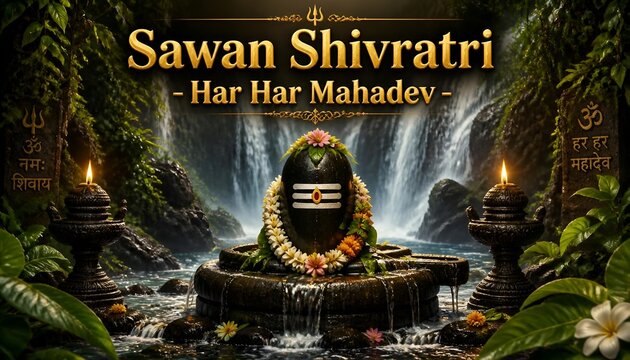 A captivating sawan shivratri scene featuring a shiva lingam bathed in light against a backdrop of cascading waterfalls, symbolizing purity and divine grace in natures embrace